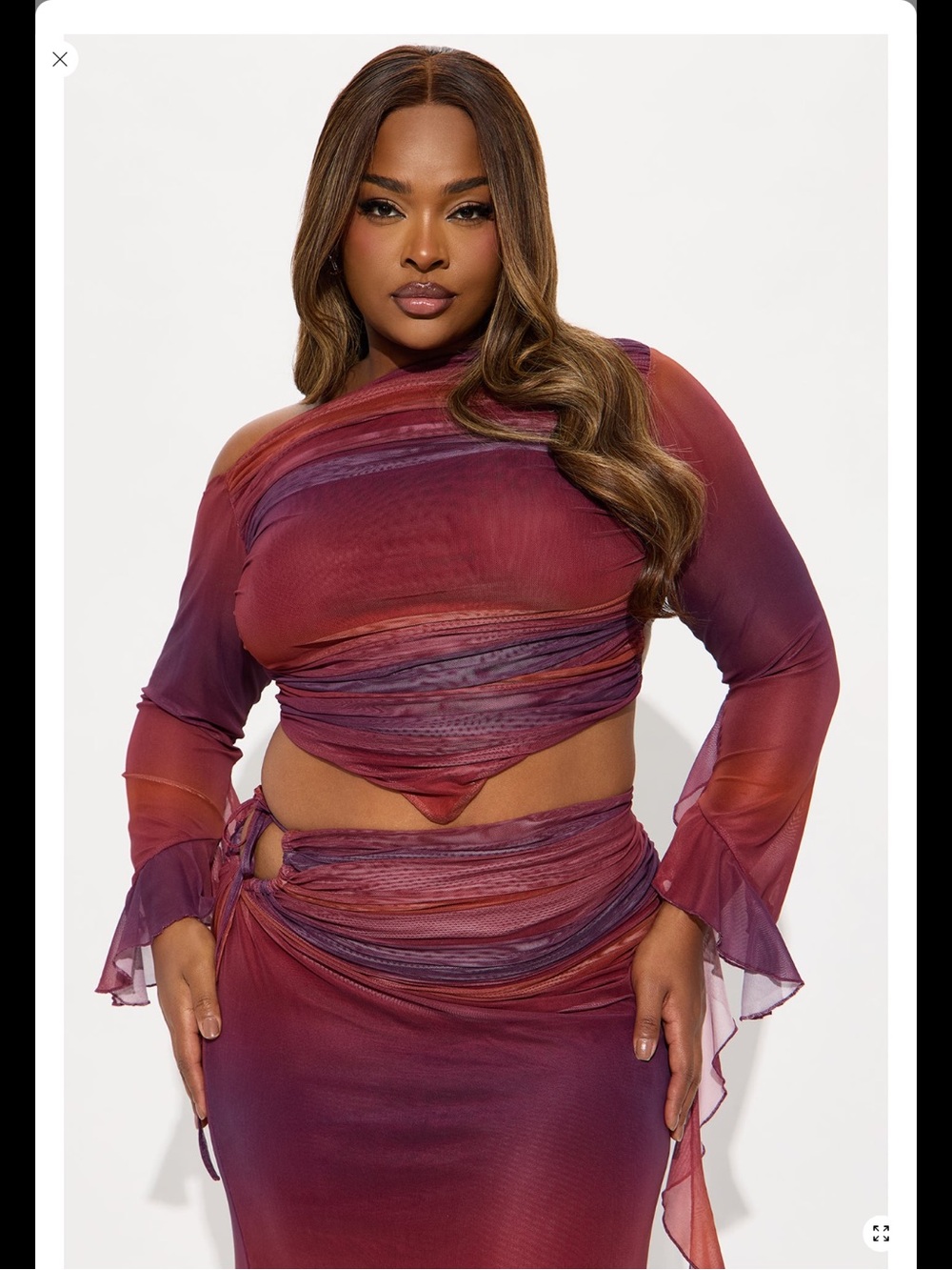 Fashion Nova Burgundy & Plum Sheer Asymmetrical Mesh Set